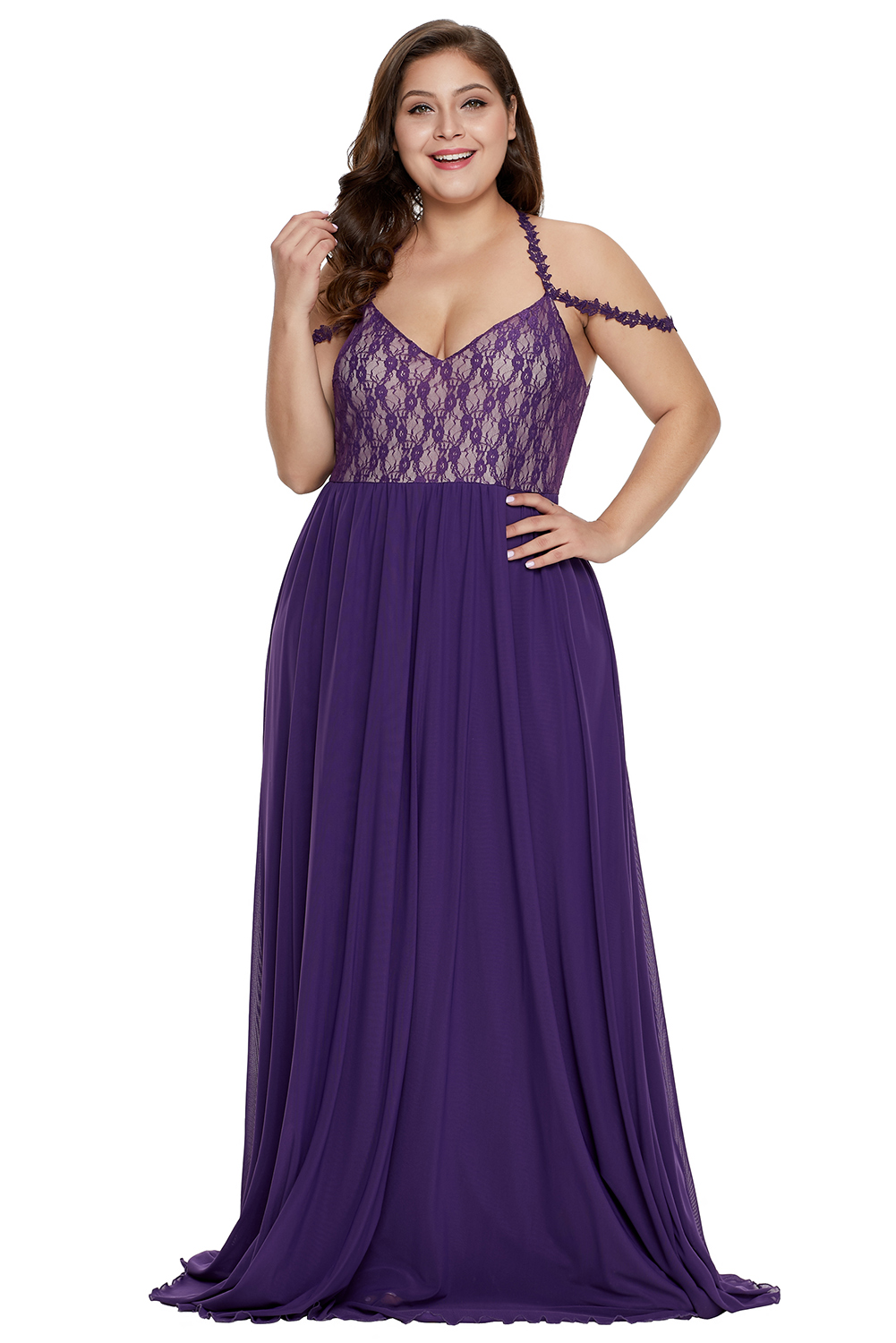 BY611063-8 Purple Lace Bodice Hollow-out Plus Size Maxi Dress